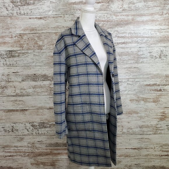 AVEC LES FILLES Grey Blue Plaid Pea Coat XS NWT - Picture 3 of 15